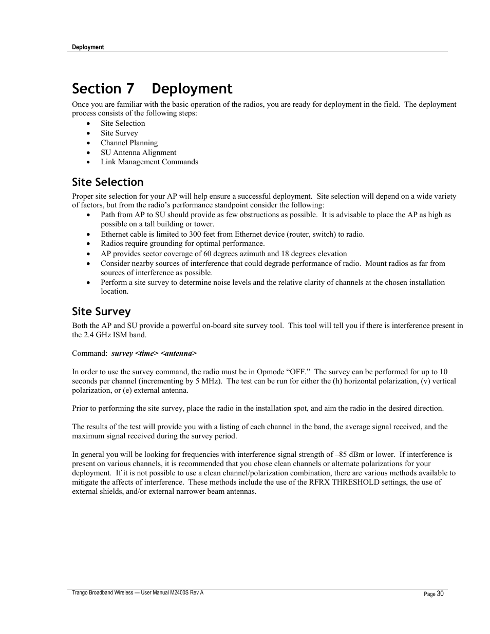 Site selection, Site survey | Trango Broadband M2400S User Manual | Page 34 / 50