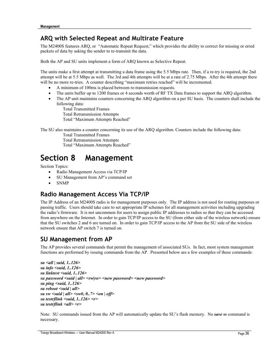 Arq with selected repeat and multirate feature, Radio management access via tcp/ip, Su management from ap | Trango Broadband M2400S User Manual | Page 40 / 50