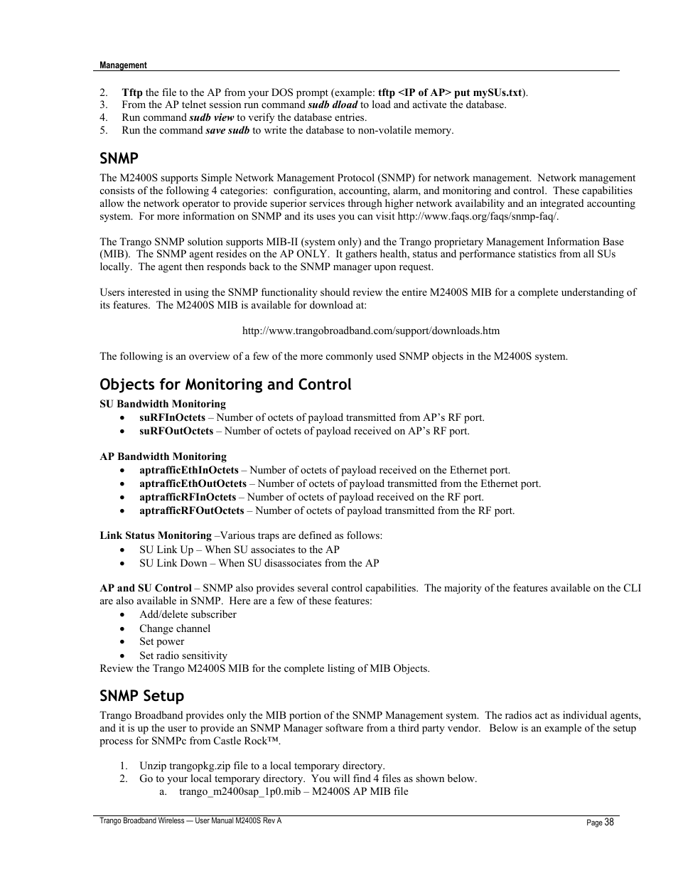 Snmp, Objects for monitoring and control, Snmp setup | Trango Broadband M2400S User Manual | Page 42 / 50