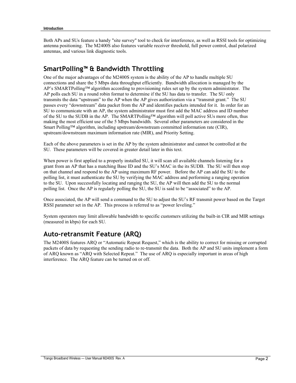 Smartpolling™ & bandwidth throttling, Auto-retransmit feature (arq) | Trango Broadband M2400S User Manual | Page 6 / 50