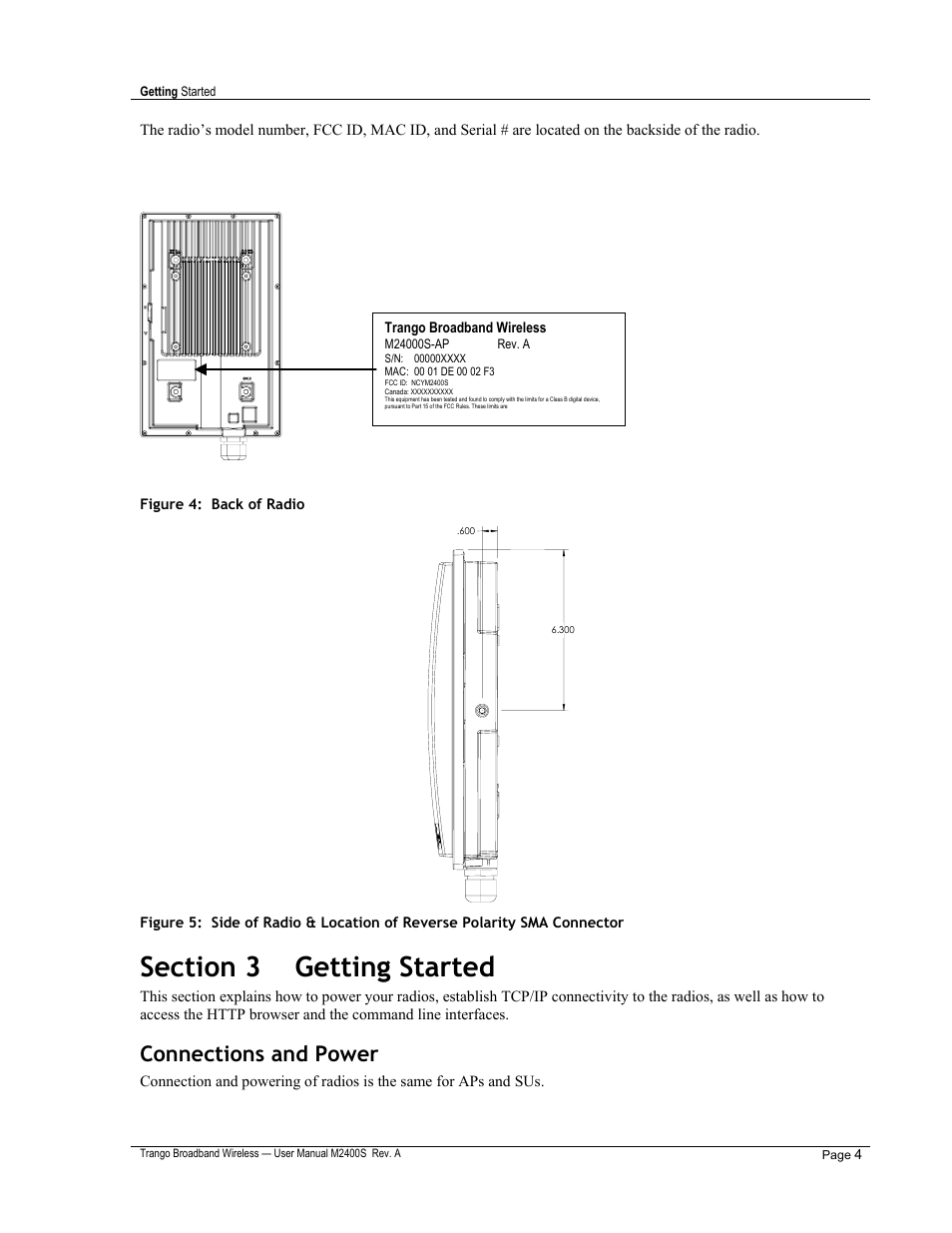 Connections and power | Trango Broadband M2400S User Manual | Page 8 / 50