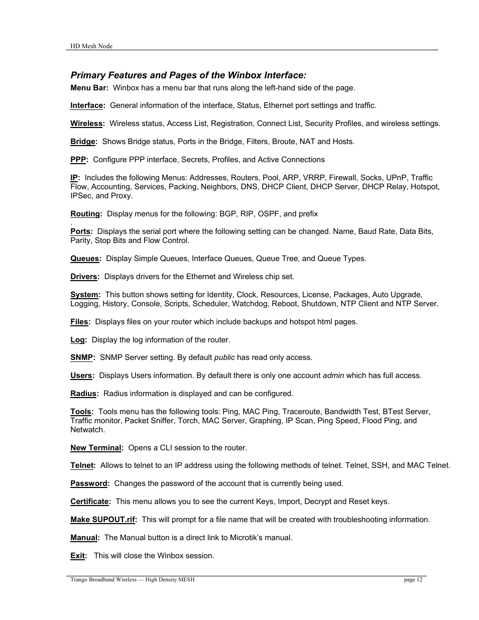 Primary features and pages of the winbox interface | Trango Broadband High Density Mesh System User Manual | Page 12 / 38