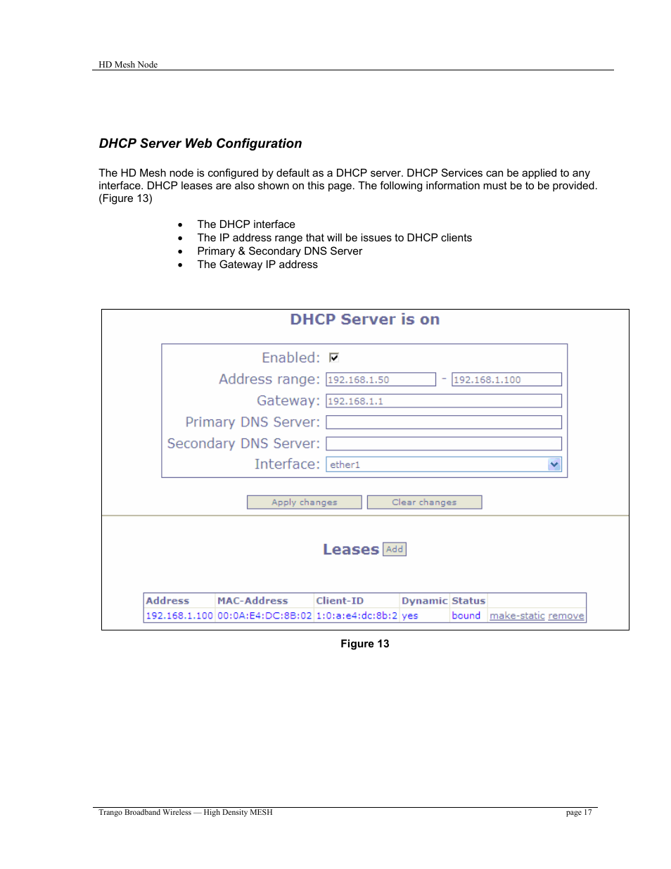 Dhcp server web configuration | Trango Broadband High Density Mesh System User Manual | Page 17 / 38