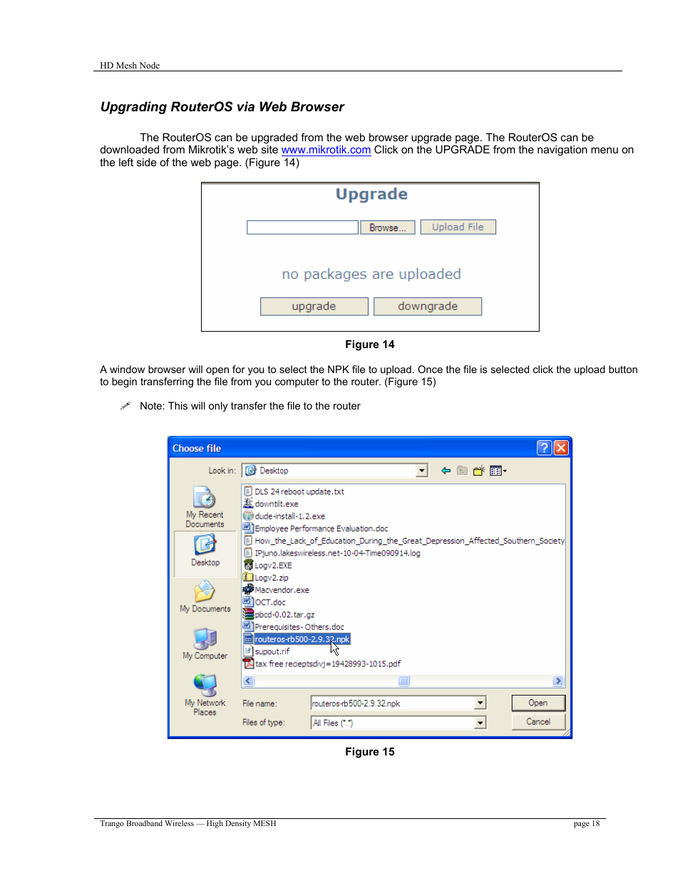 Upgrading routeros via web browser | Trango Broadband High Density Mesh System User Manual | Page 18 / 38