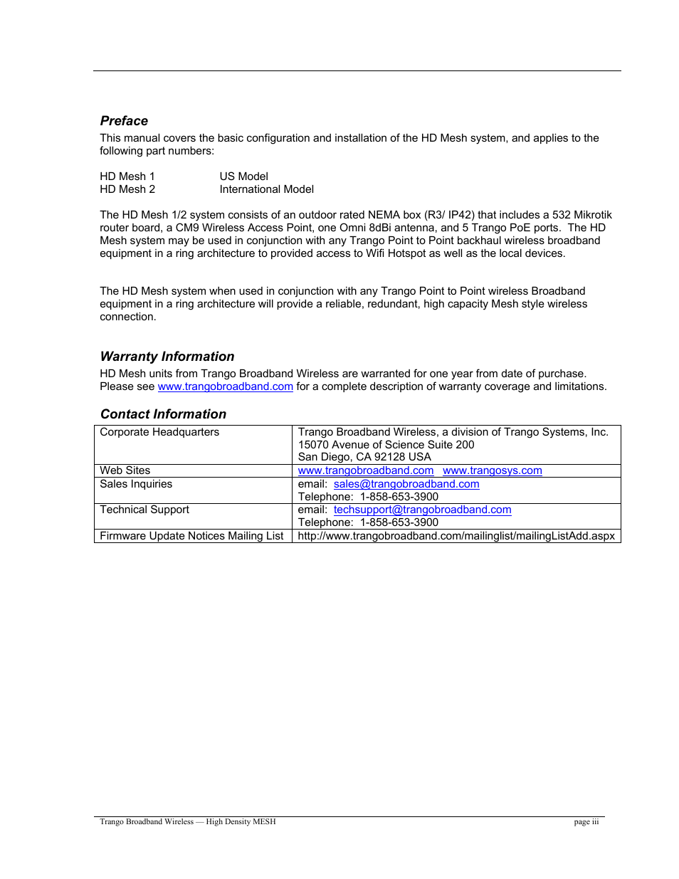 Trango Broadband High Density Mesh System User Manual | Page 3 / 38