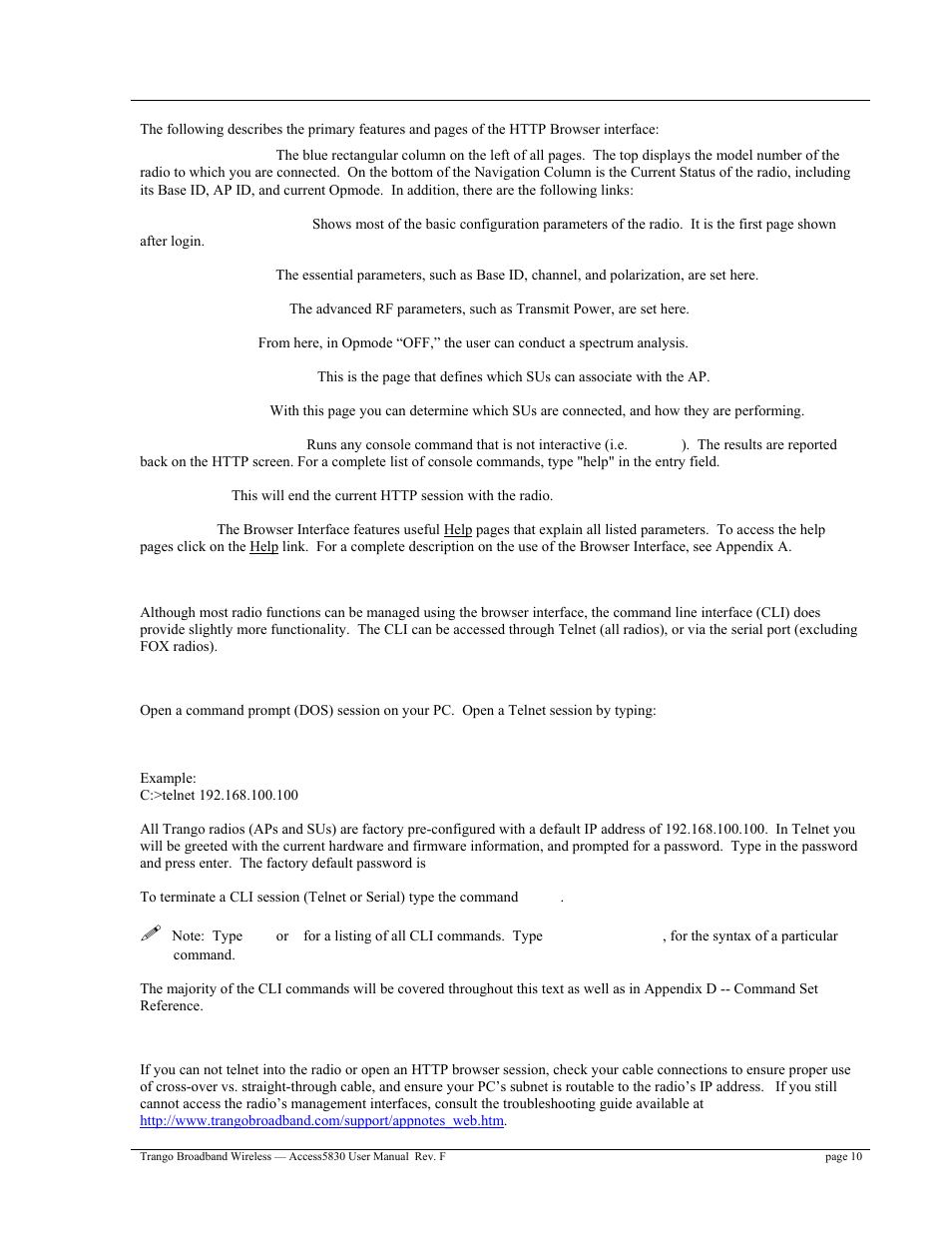 Command line interface, Telnet, Troubleshooting | Trango Broadband Access5830 User Manual | Page 14 / 76