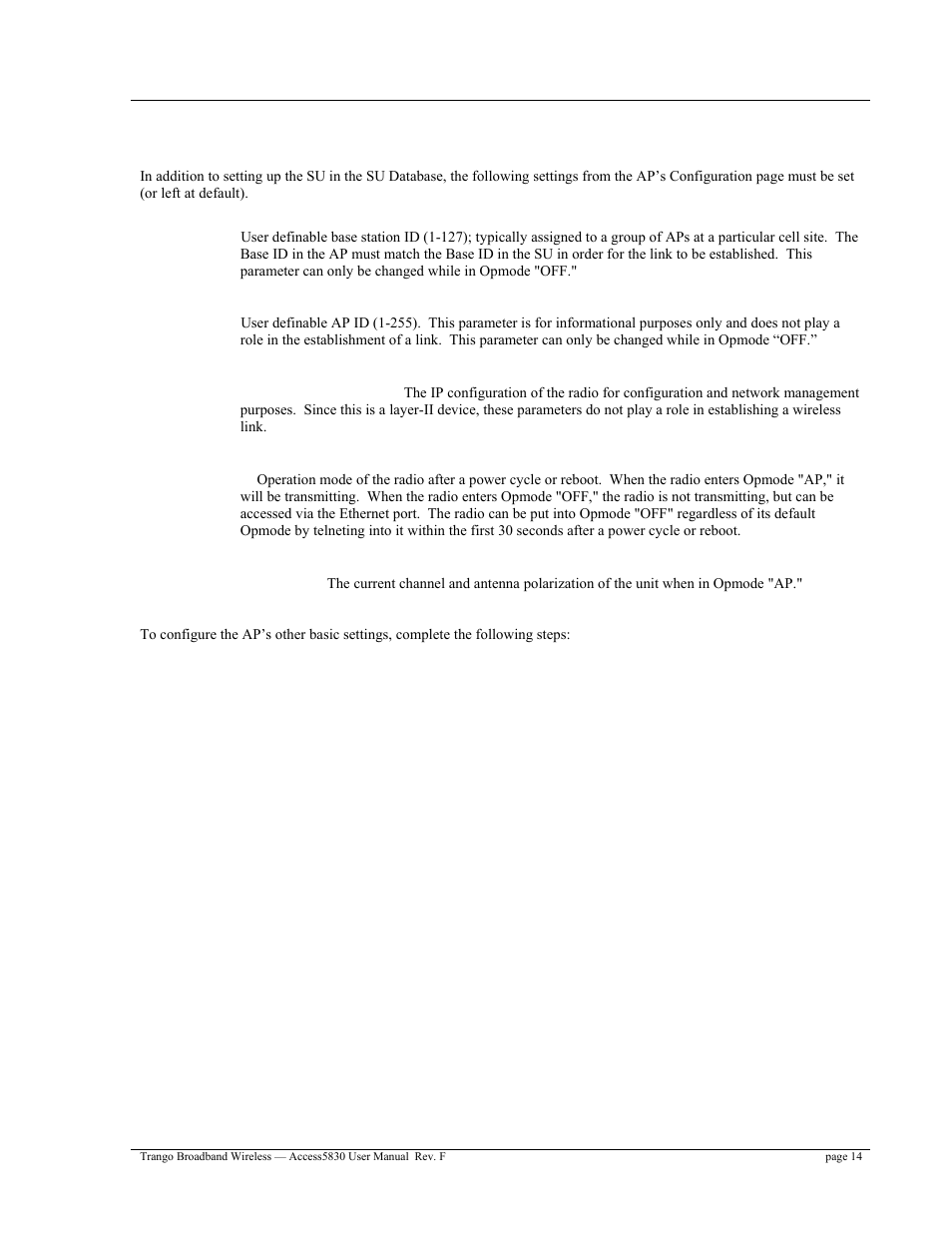 Configure other basic ap parameters | Trango Broadband Access5830 User Manual | Page 18 / 76