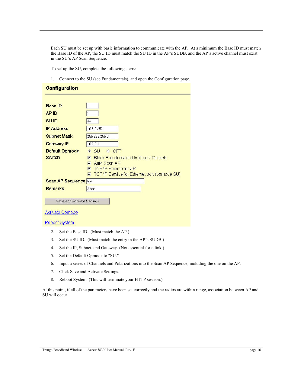 Configure basic su parameters | Trango Broadband Access5830 User Manual | Page 20 / 76