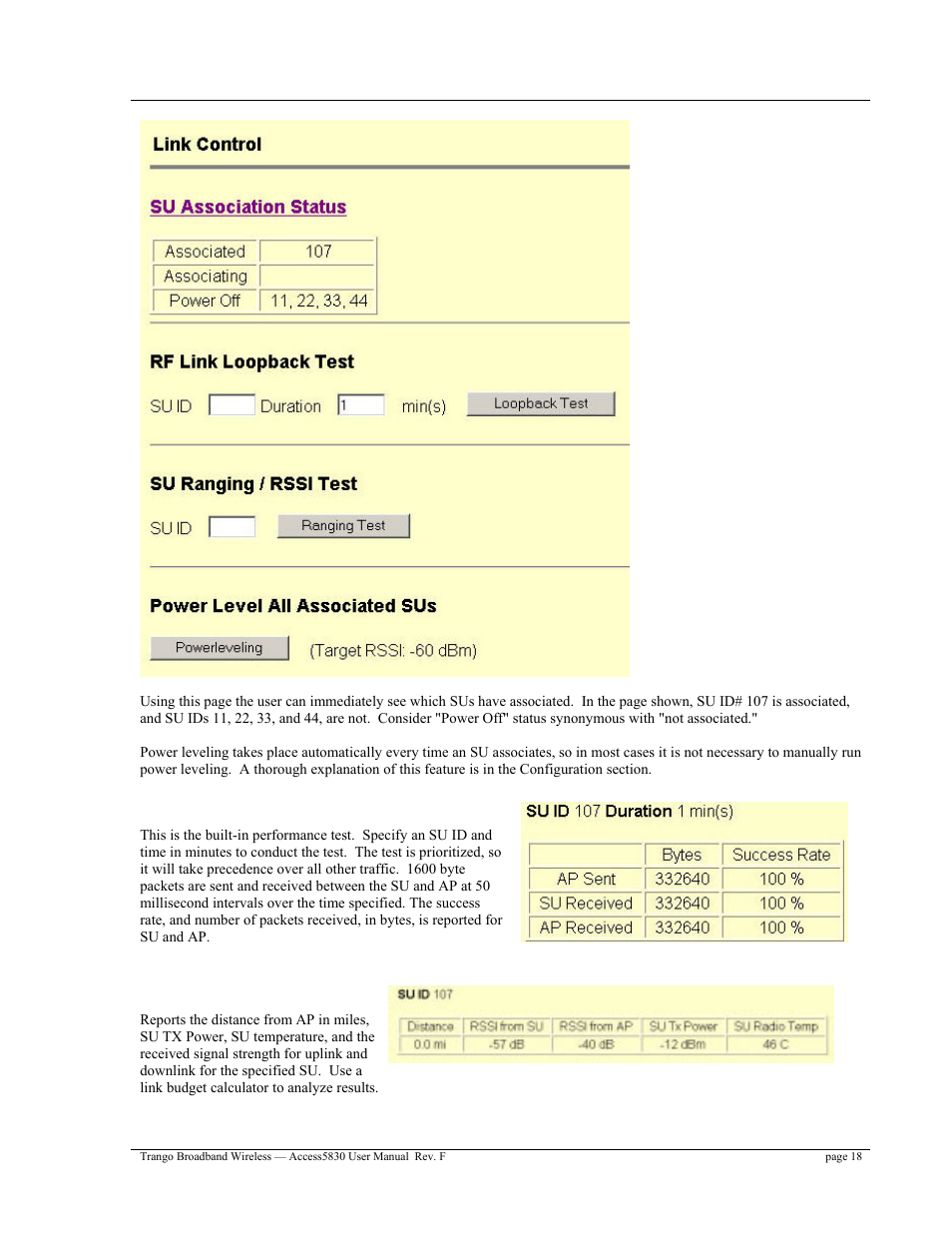 Rf link loopback test, Su ranging / rssi test | Trango Broadband Access5830 User Manual | Page 22 / 76