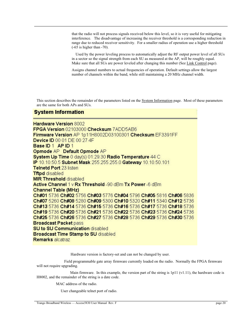 Other key parameters | Trango Broadband Access5830 User Manual | Page 24 / 76