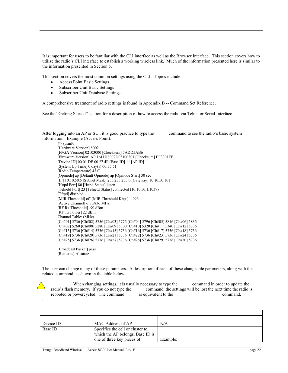 Access point basic settings | Trango Broadband Access5830 User Manual | Page 26 / 76