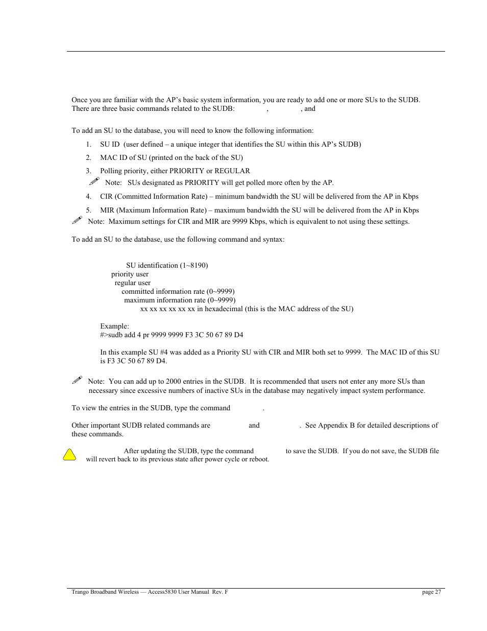 Subscriber unit database (sudb) settings | Trango Broadband Access5830 User Manual | Page 31 / 76