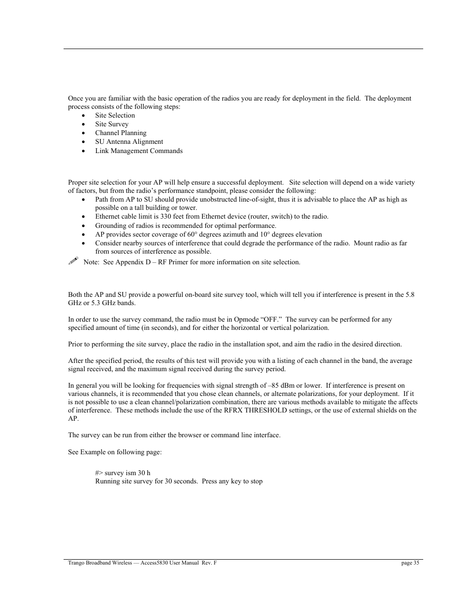 Site selection, Site survey | Trango Broadband Access5830 User Manual | Page 39 / 76