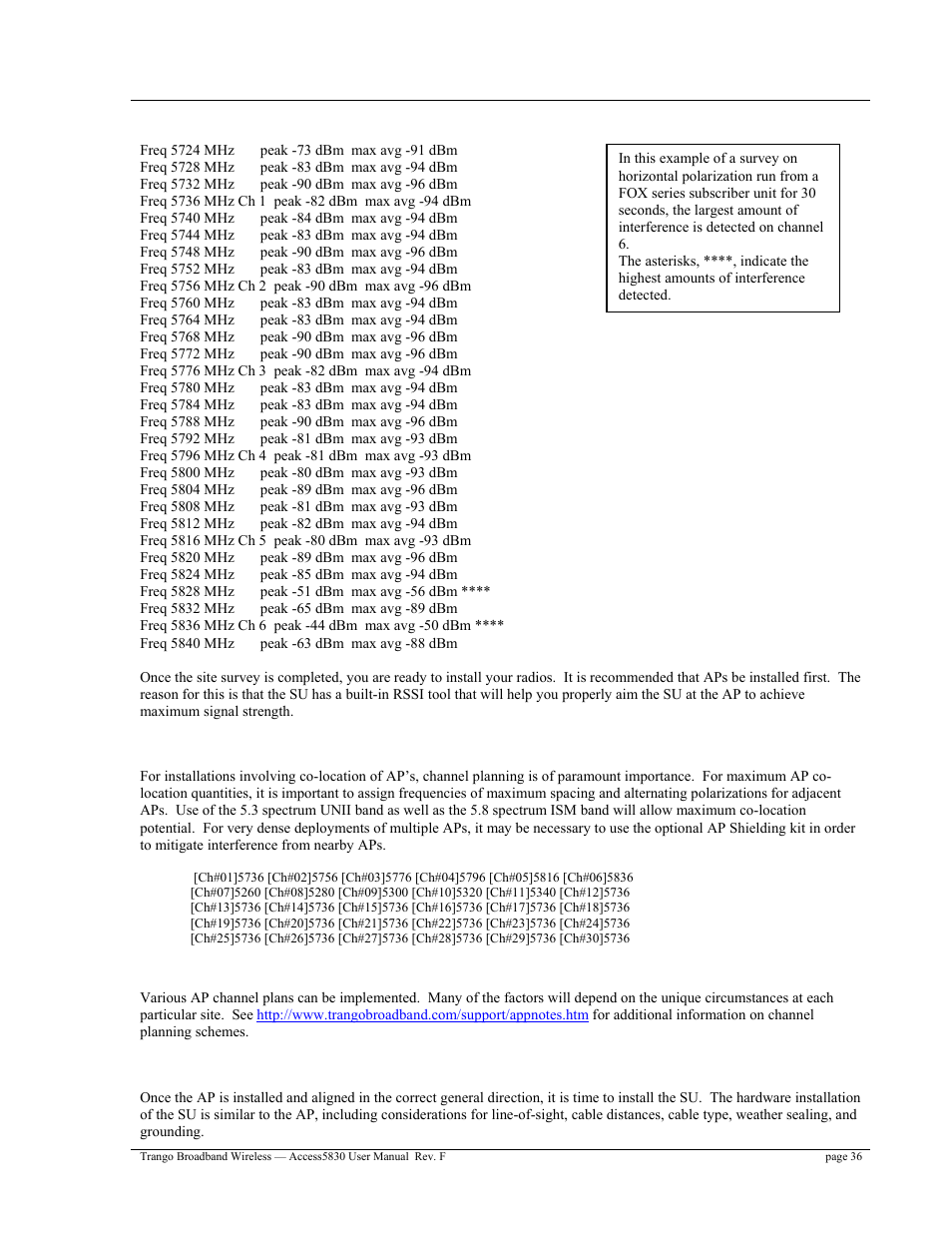 Channel planning, Ap search and su antenna alignment | Trango Broadband Access5830 User Manual | Page 40 / 76