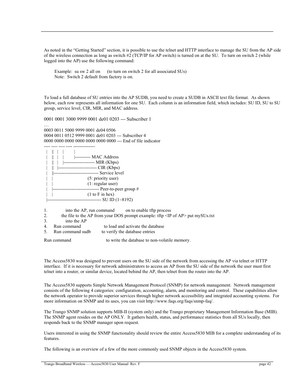 Tcp/ip su management, Loading multiple sus into sudb using dload command, Managing ap from su side of network | Trango Broadband Access5830 User Manual | Page 46 / 76