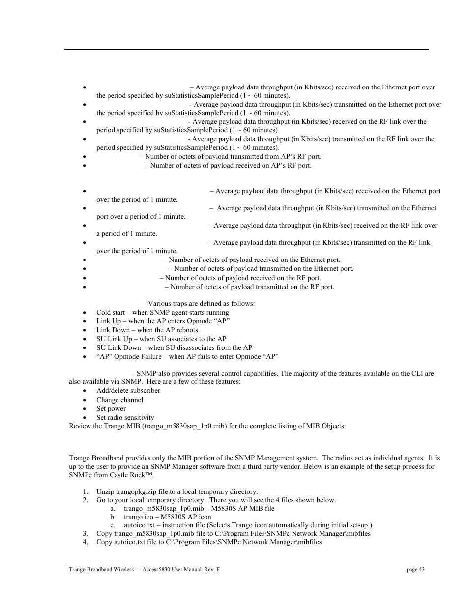 Objects for monitoring and control, Snmp setup | Trango Broadband Access5830 User Manual | Page 47 / 76