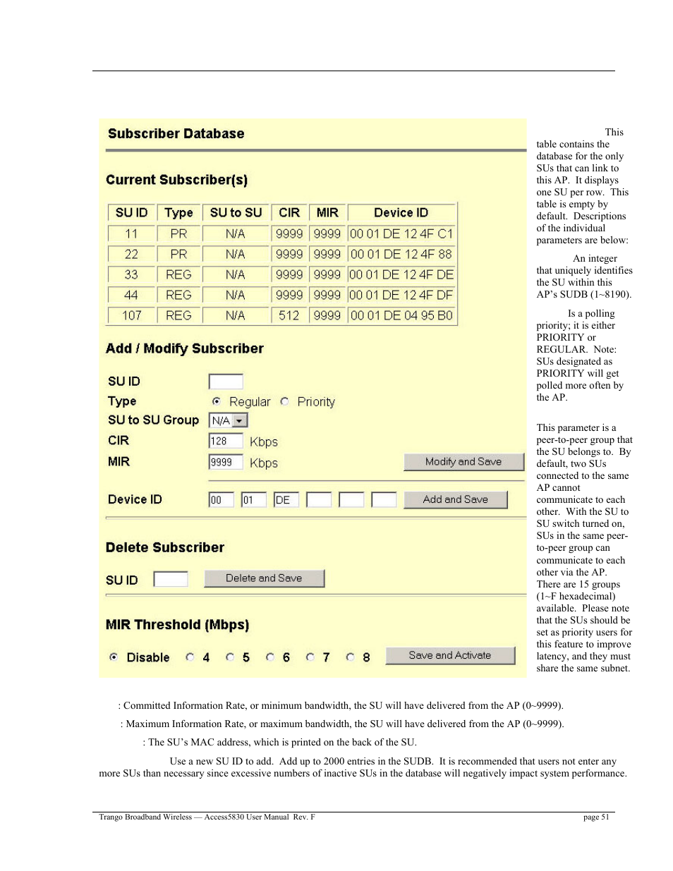 Ap subscriber database page | Trango Broadband Access5830 User Manual | Page 55 / 76