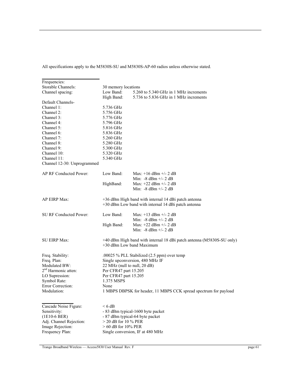 Appendix c specifications | Trango Broadband Access5830 User Manual | Page 65 / 76