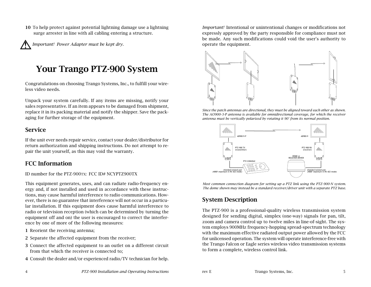 Your trango ptz-900 system, Service, Fcc information | System description | Trango Broadband PTZ-900 User Manual | Page 3 / 9