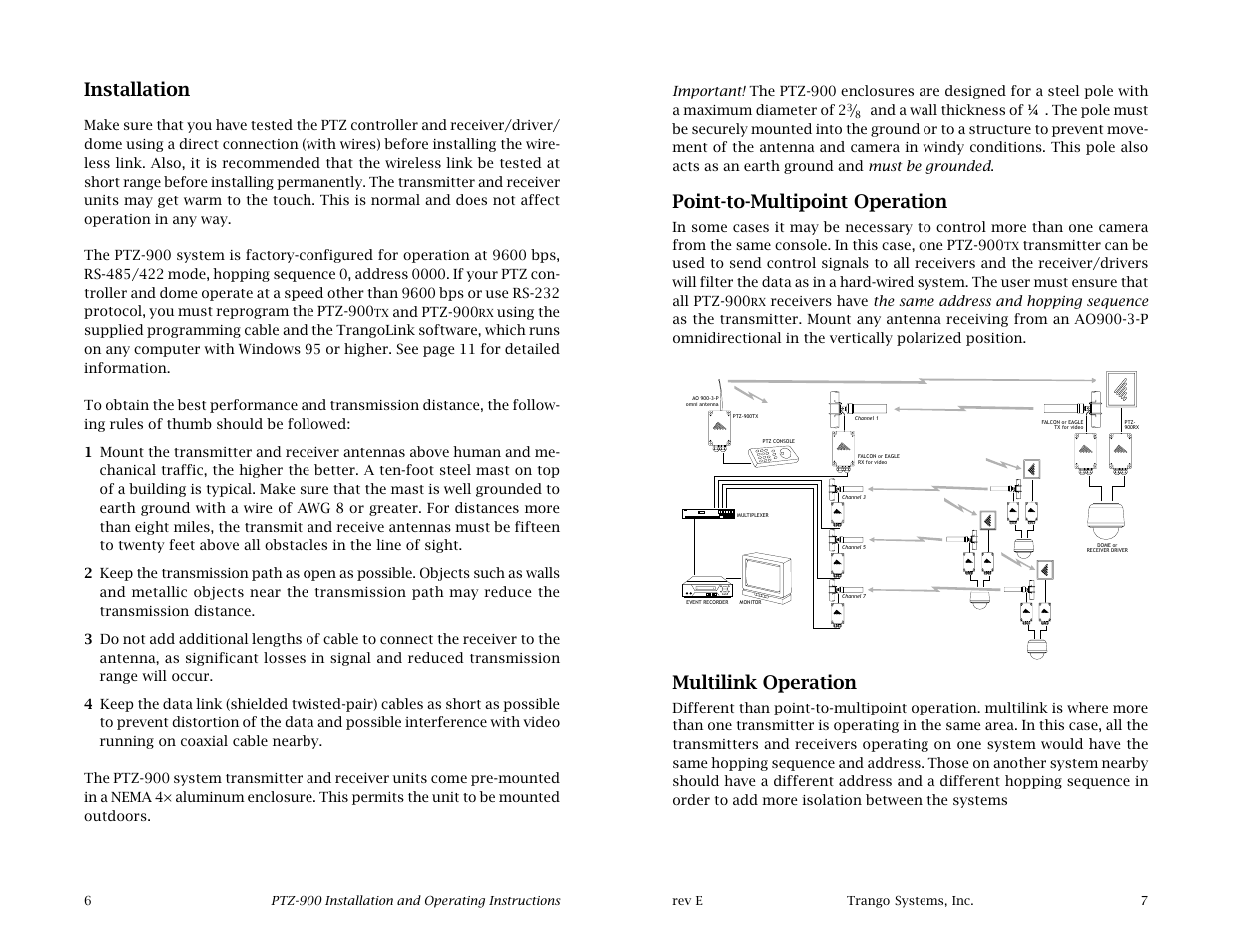 Installation, Point-to-multipoint operation, Multilink operation | Trango Broadband PTZ-900 User Manual | Page 4 / 9