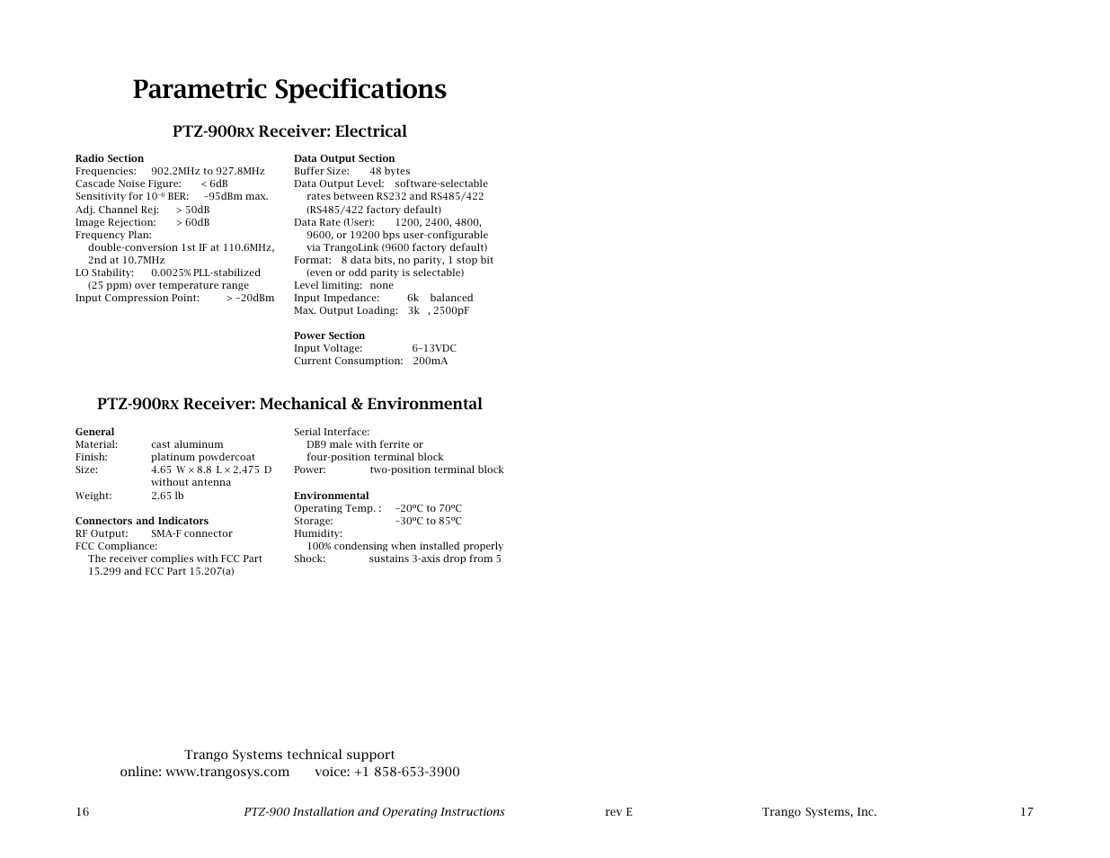 Parametric specifications, Ptz-900, Receiver: mechanical & environmental | Receiver: electrical | Trango Broadband PTZ-900 User Manual | Page 9 / 9