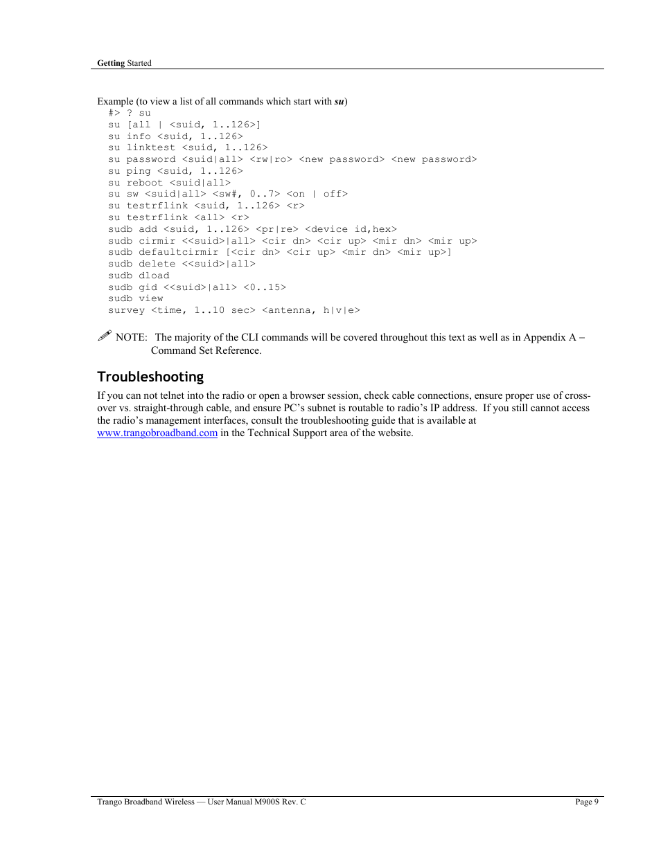 Troubleshooting | Trango Broadband M900S User Manual | Page 13 / 53