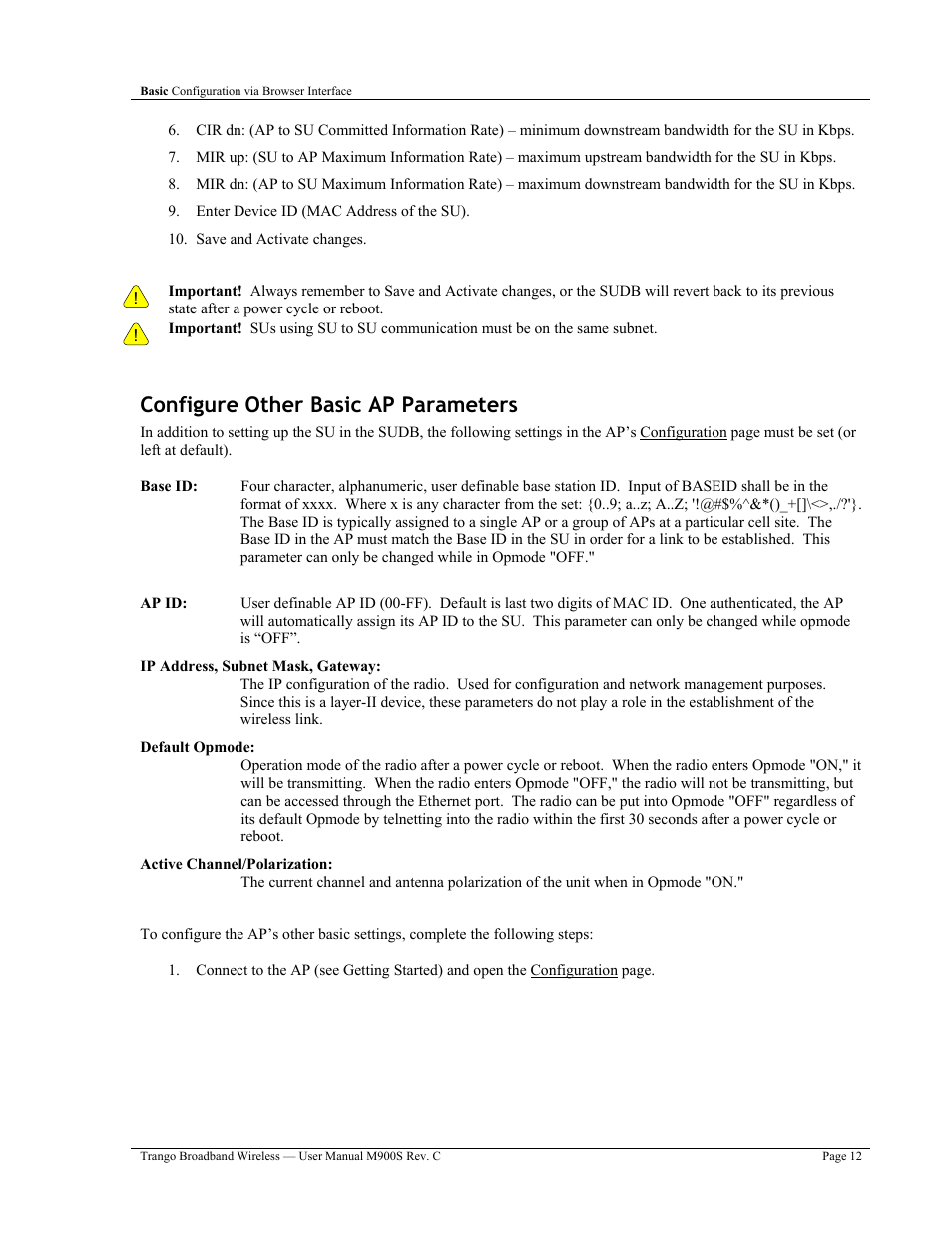 Configure other basic ap parameters | Trango Broadband M900S User Manual | Page 16 / 53
