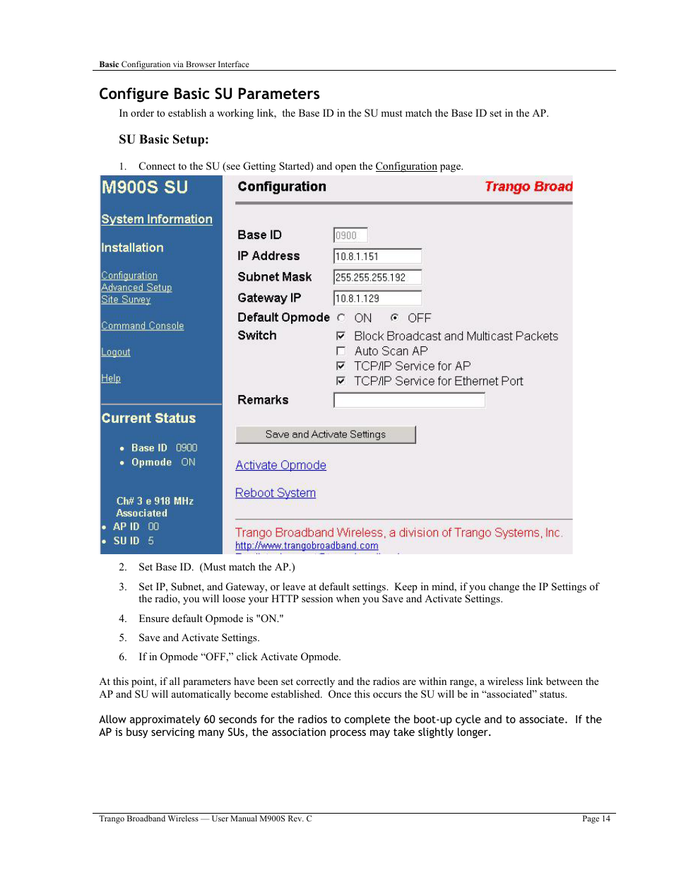Configure basic su parameters | Trango Broadband M900S User Manual | Page 18 / 53