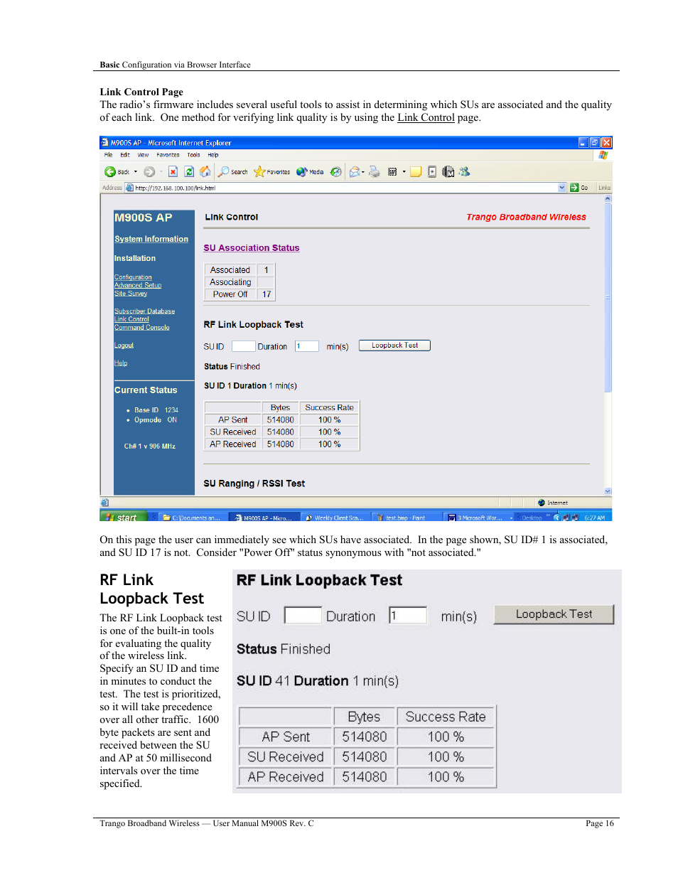Rf link loopback test | Trango Broadband M900S User Manual | Page 20 / 53