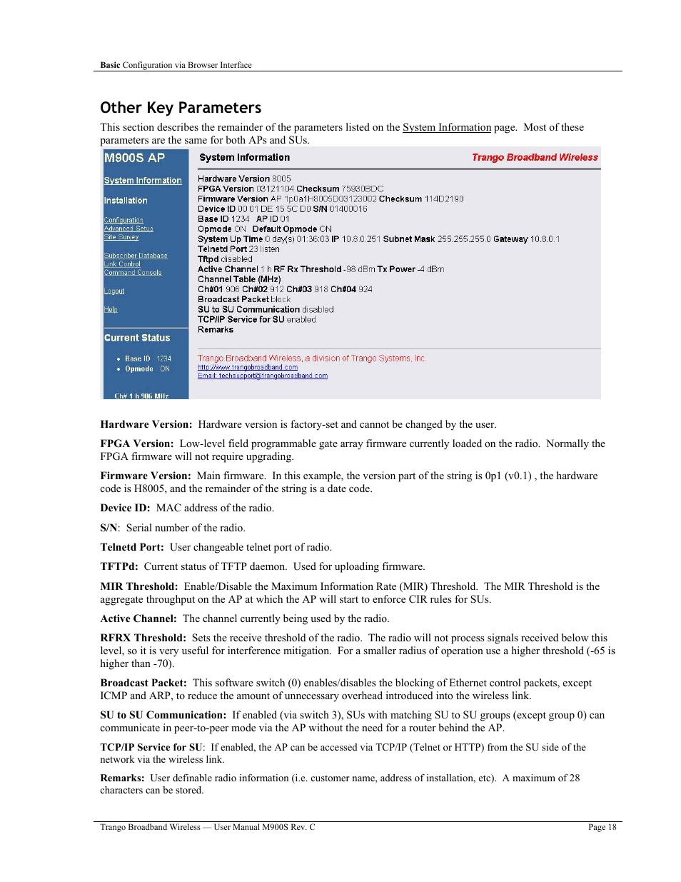 Other key parameters | Trango Broadband M900S User Manual | Page 22 / 53
