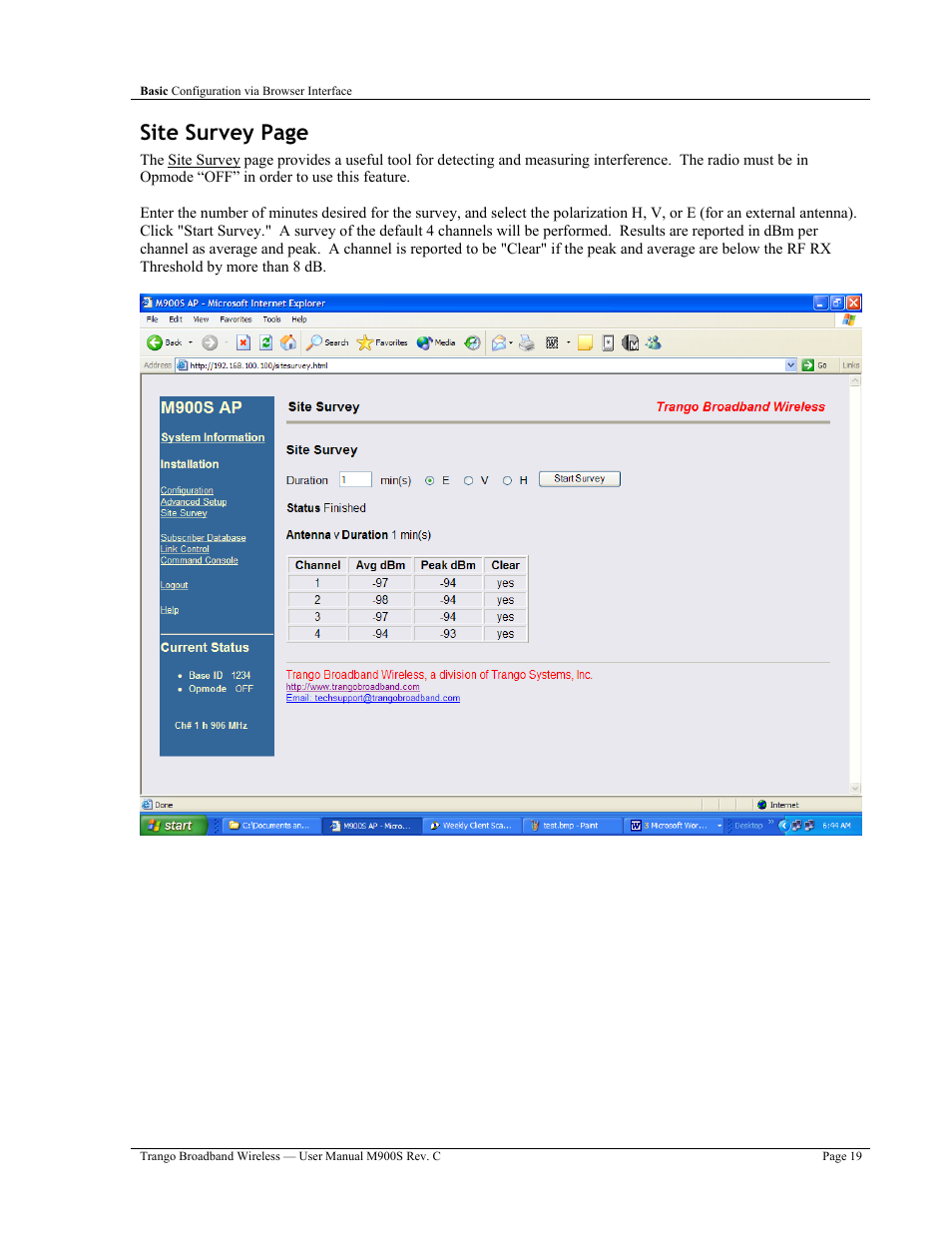 Site survey page | Trango Broadband M900S User Manual | Page 23 / 53