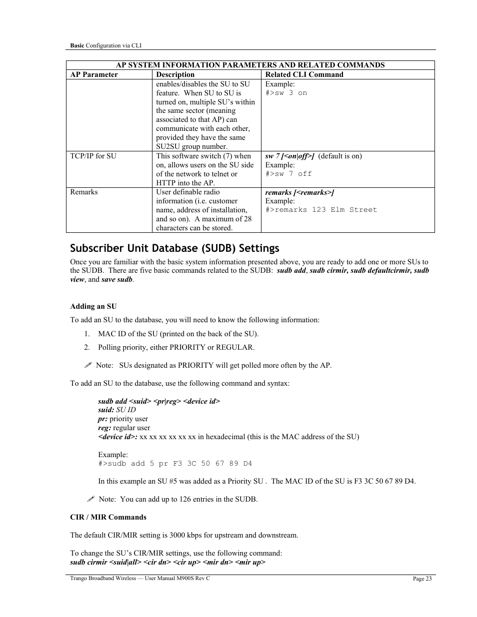 Subscriber unit database (sudb) settings | Trango Broadband M900S User Manual | Page 27 / 53