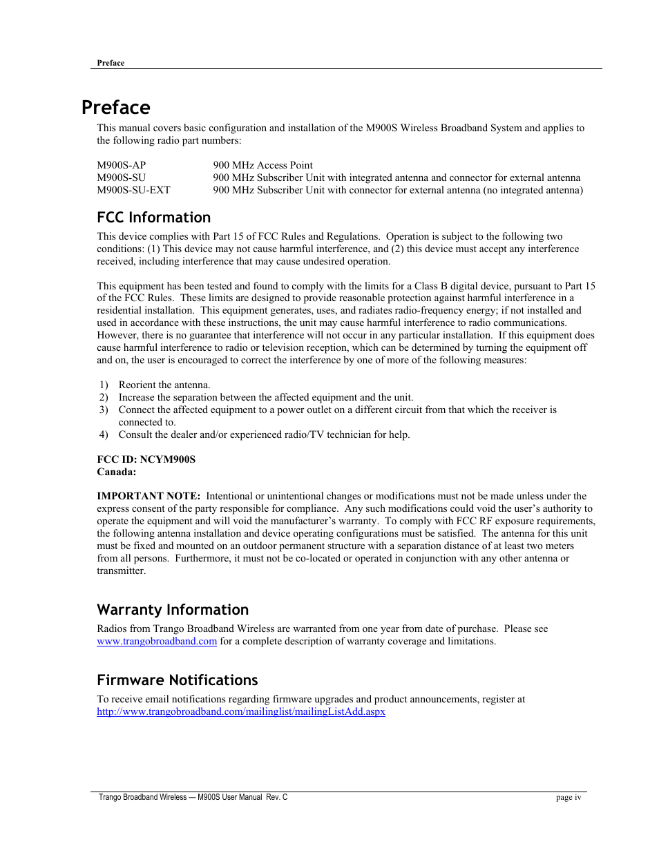 Preface, Fcc information, Warranty information | Firmware notifications | Trango Broadband M900S User Manual | Page 4 / 53