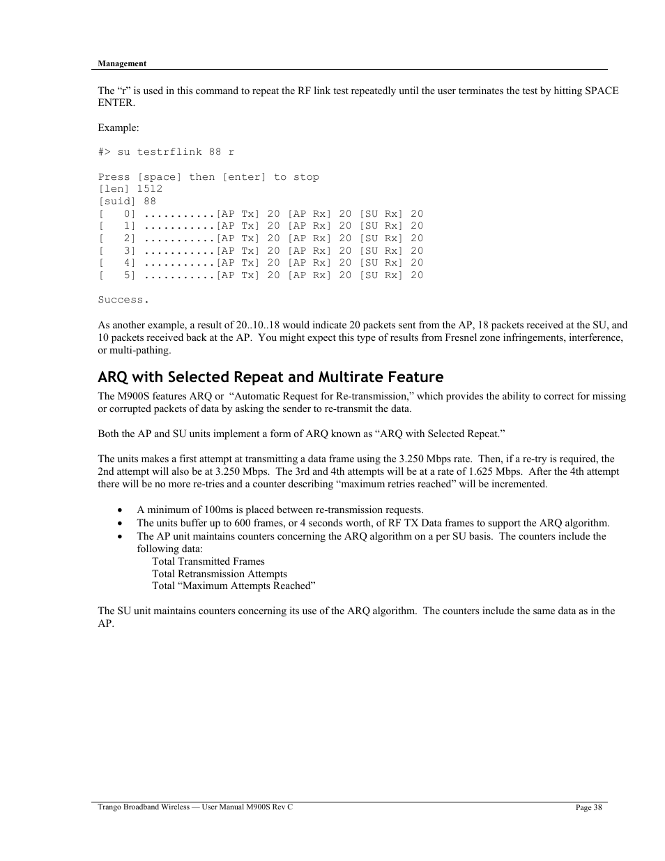 Arq with selected repeat and multirate feature | Trango Broadband M900S User Manual | Page 42 / 53