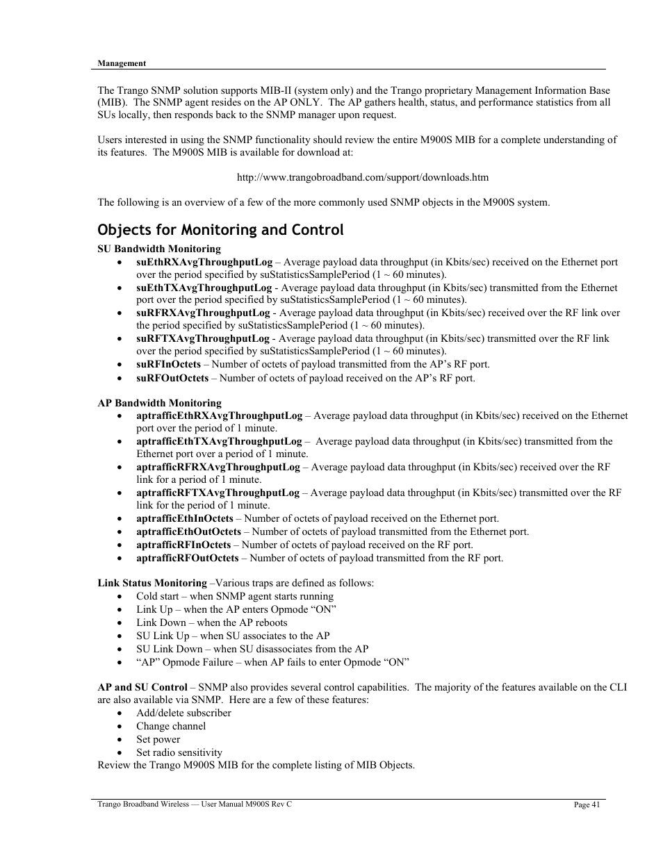 Objects for monitoring and control | Trango Broadband M900S User Manual | Page 45 / 53