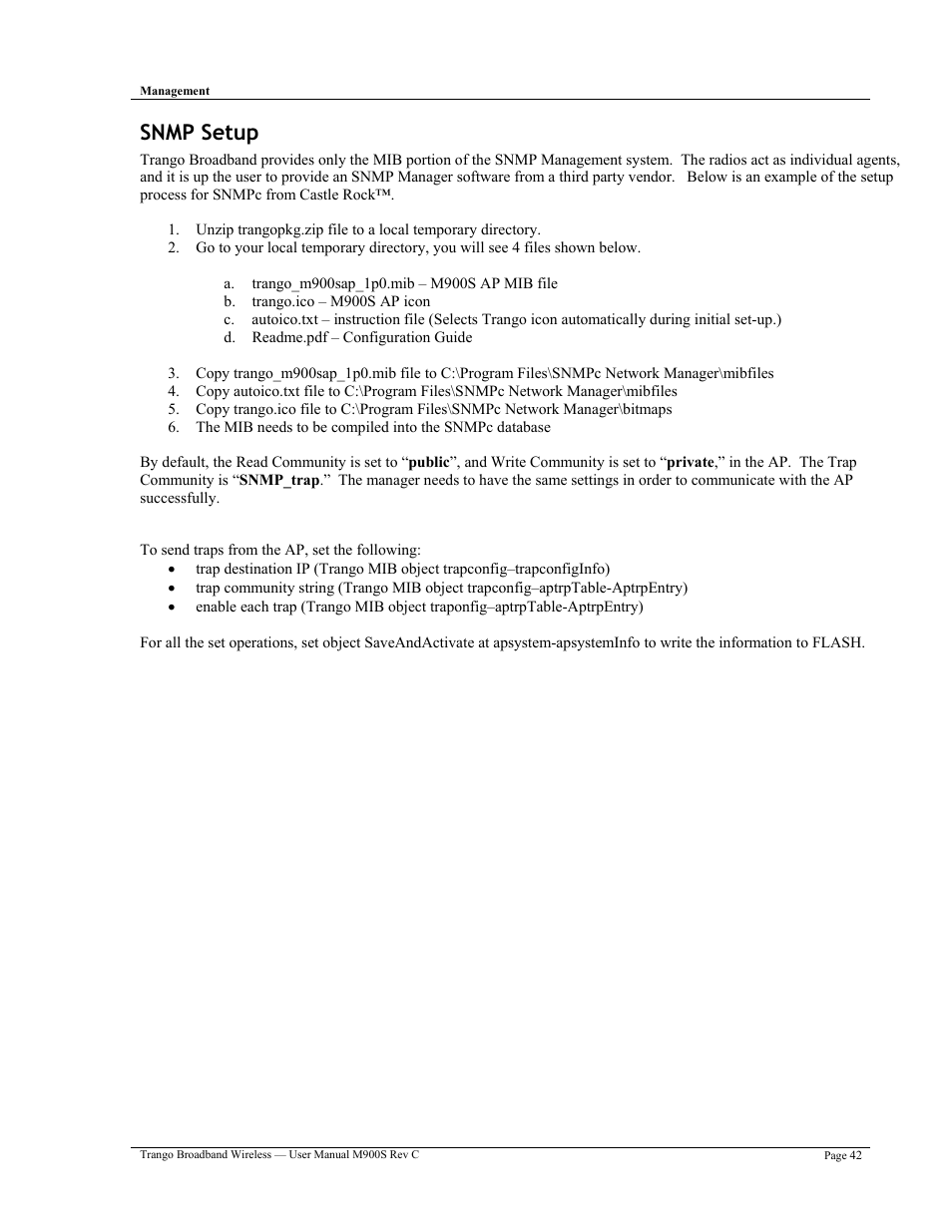 Snmp setup | Trango Broadband M900S User Manual | Page 46 / 53