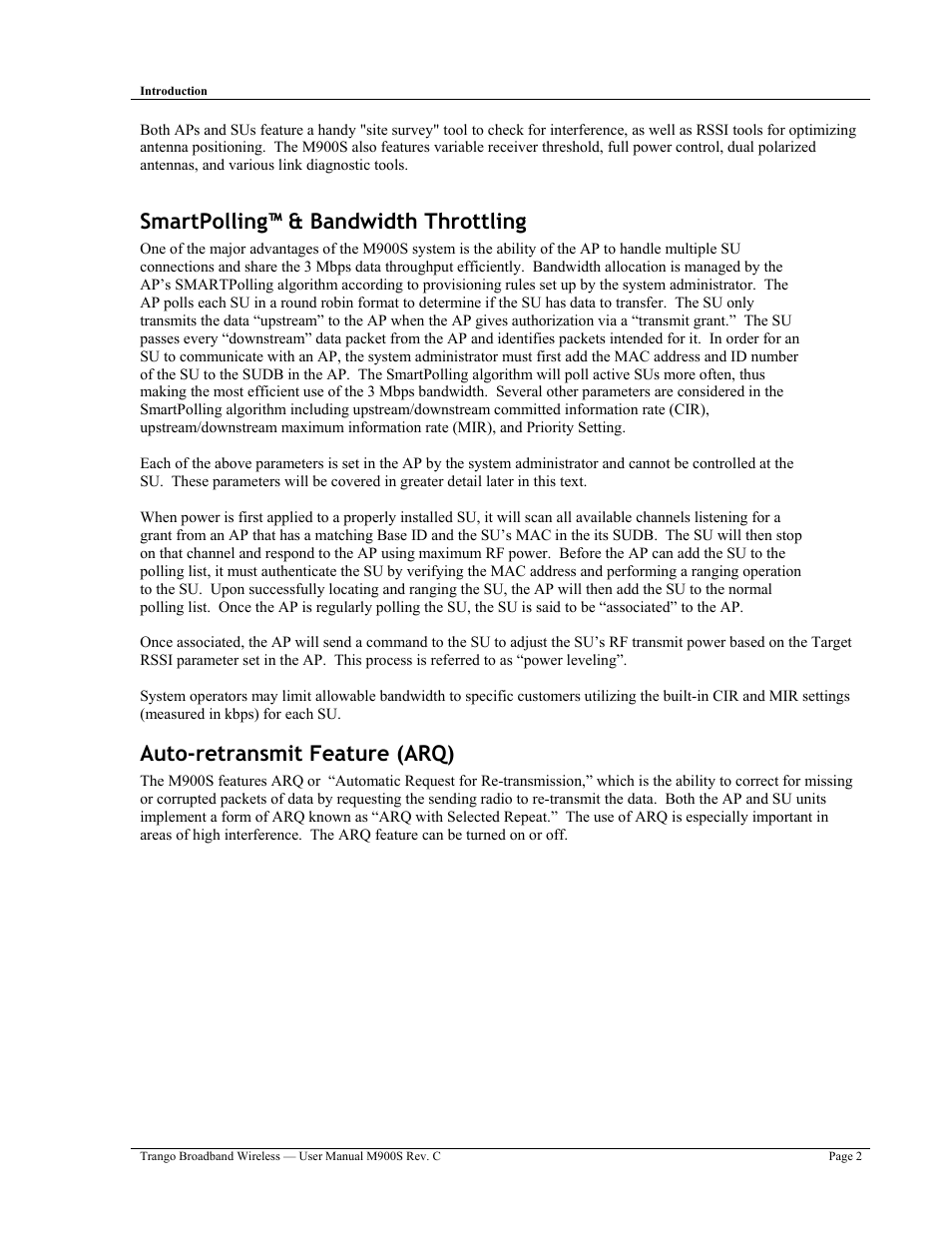 Smartpolling™ & bandwidth throttling, Auto-retransmit feature (arq) | Trango Broadband M900S User Manual | Page 6 / 53