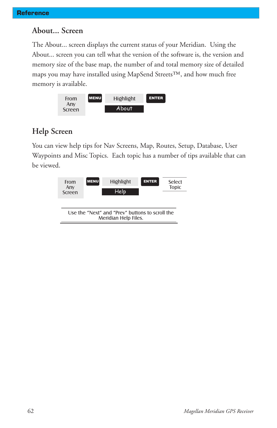 About... screen, Help screen | Thales Navigation Meridian Series User Manual | Page 72 / 89