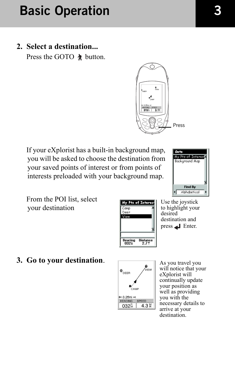 Basic operation, Select a destination, Go to your destination | Thales Navigation CGRS User Manual | Page 5 / 20
