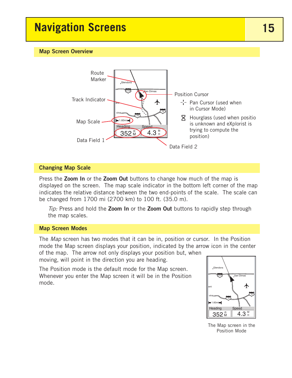 Map screen overview, Changing map scale, Map screen modes | Navigation screens 15 | Thales Navigation 200 User Manual | Page 20 / 82