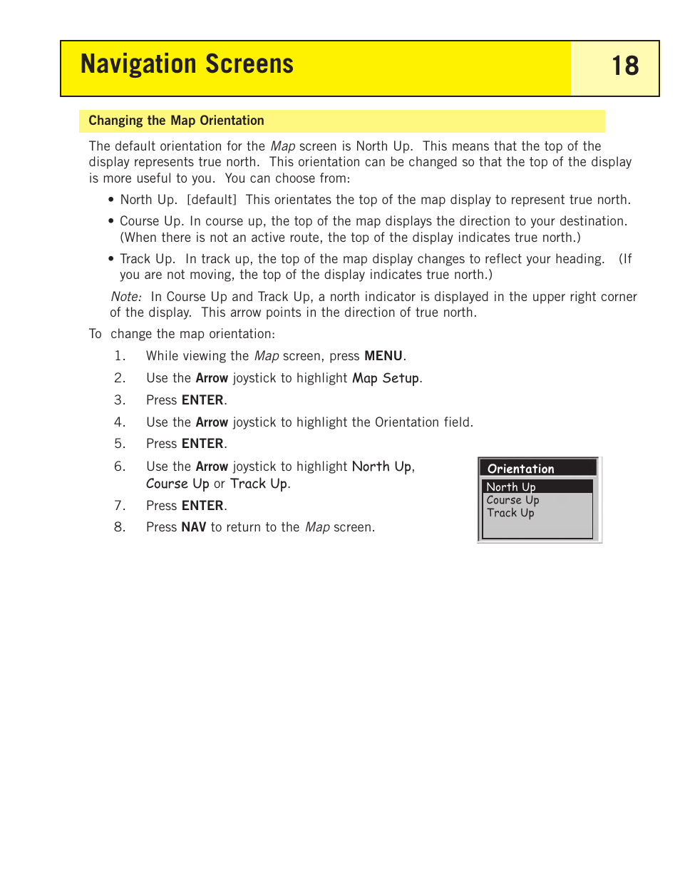 Changing the map orientation, Navigation screens 18 | Thales Navigation 200 User Manual | Page 23 / 82