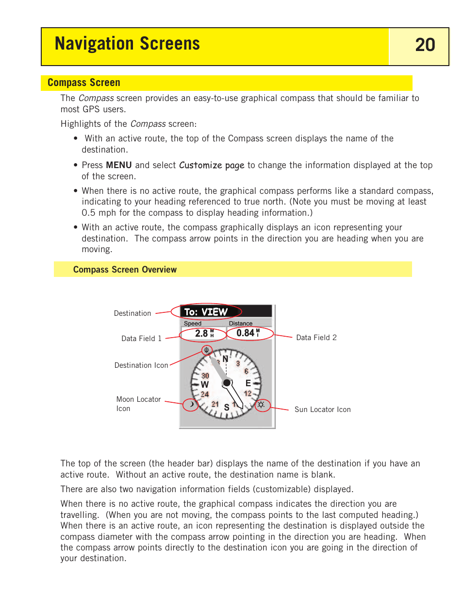 Compass screen, Compass screen overview, Navigation screens 20 | Thales Navigation 200 User Manual | Page 25 / 82