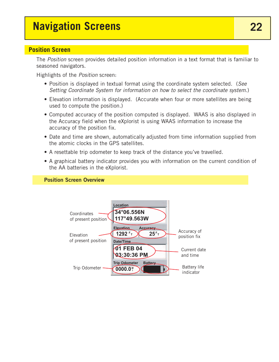 Position screen, Position screen overview, Navigation screens 22 | Thales Navigation 200 User Manual | Page 27 / 82