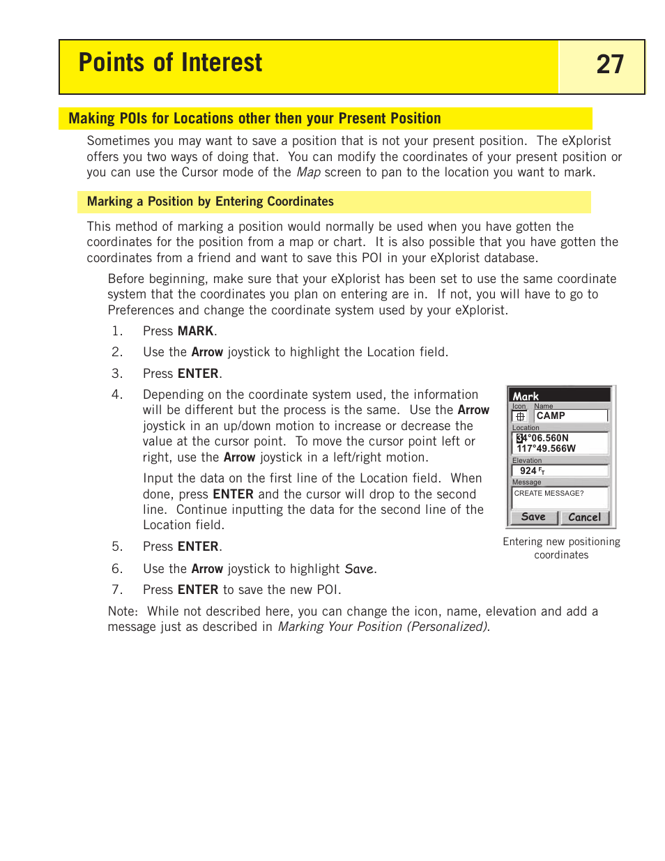 Making pois for locations ot, Marking a position by entering coordinates, Points of interest 27 | Thales Navigation 200 User Manual | Page 32 / 82