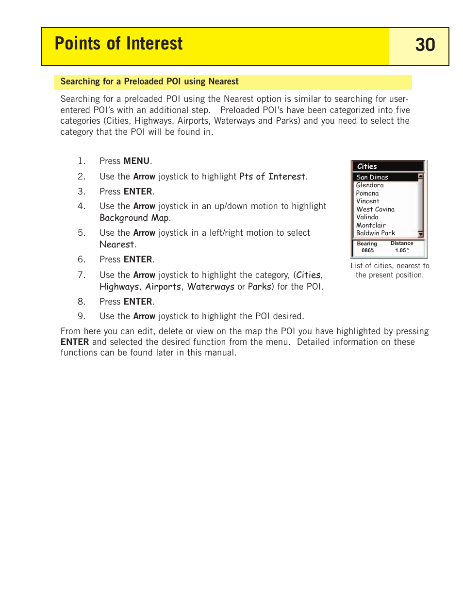 Searching for a preloaded poi using nearest, Points of interest 30 | Thales Navigation 200 User Manual | Page 35 / 82