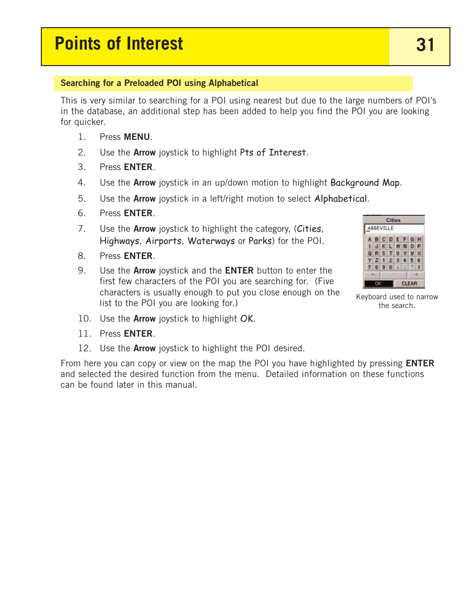 Searching for a preloaded poi using alphabetical, Points of interest 31 | Thales Navigation 200 User Manual | Page 36 / 82