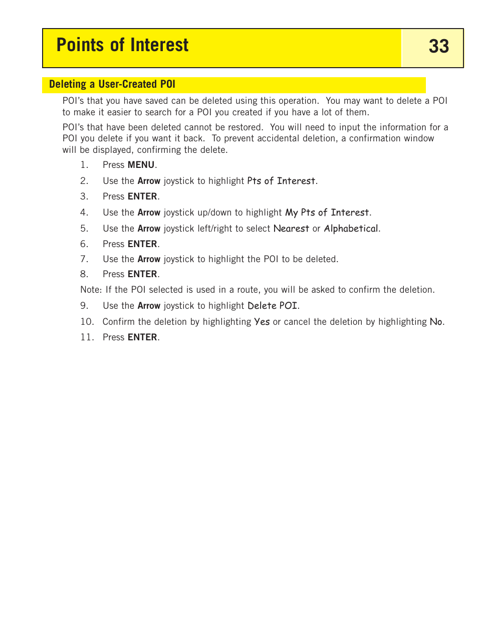 Deleting a user-created poi, Points of interest 33 | Thales Navigation 200 User Manual | Page 38 / 82