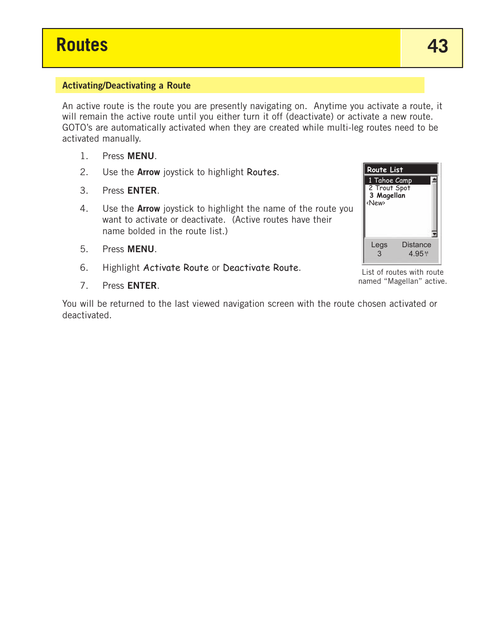 Activating/deactivating a route, Routes 43 | Thales Navigation 200 User Manual | Page 48 / 82