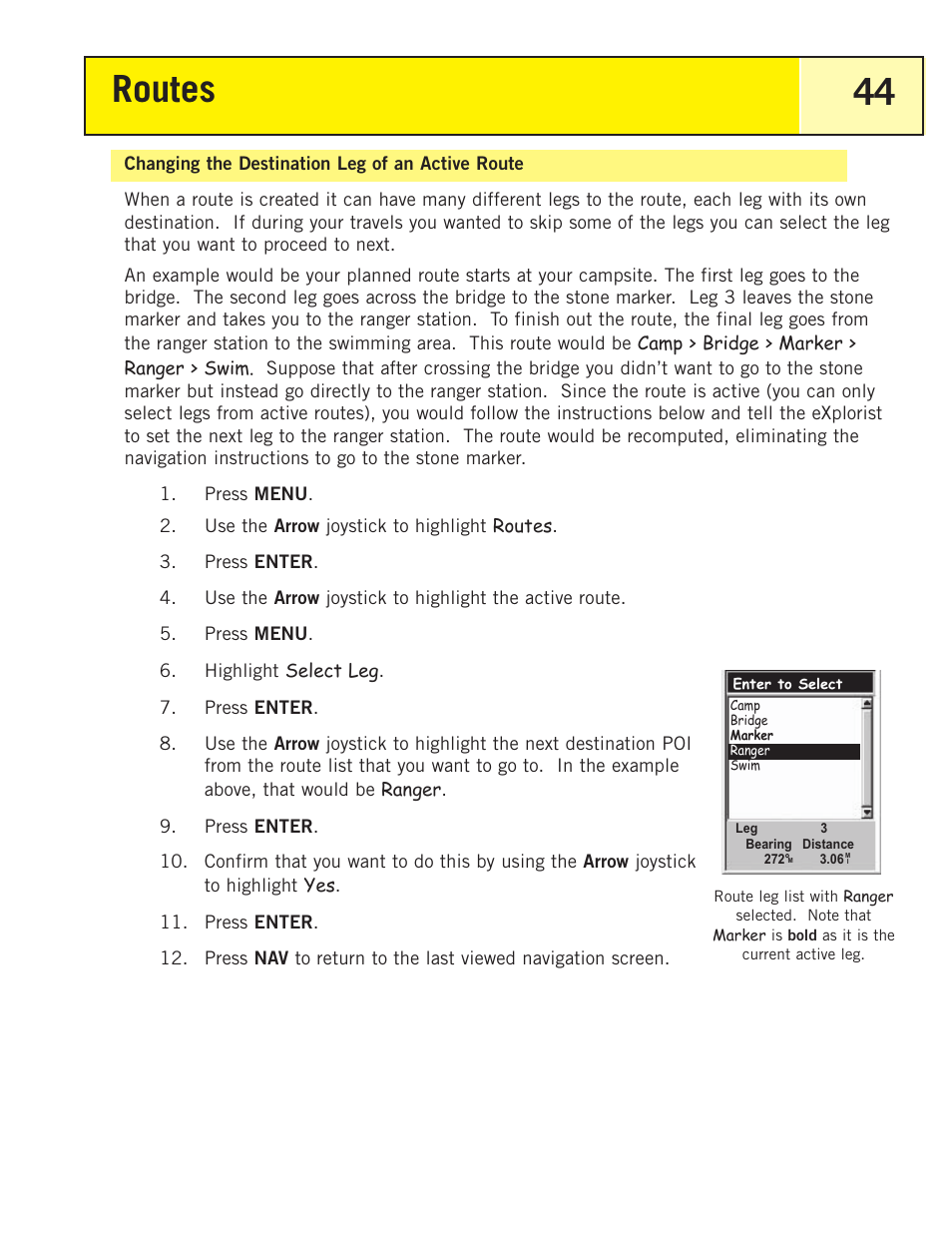 Changing the destination leg of an active route, Routes 44 | Thales Navigation 200 User Manual | Page 49 / 82