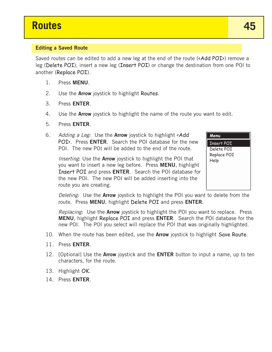 Editing a saved route, Routes 45 | Thales Navigation 200 User Manual | Page 50 / 82